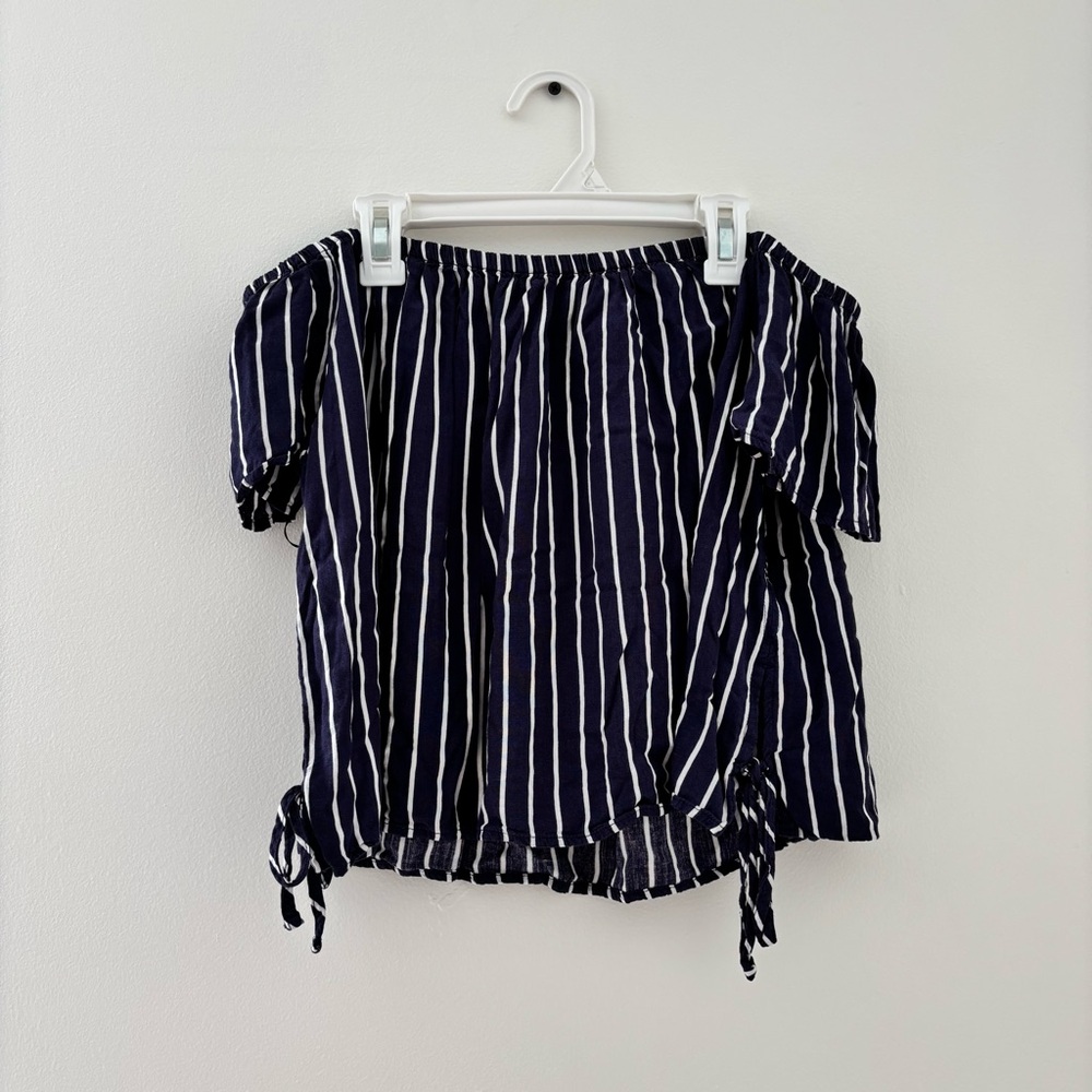 H&M Striped Off the Shoulder Tee Blue and White